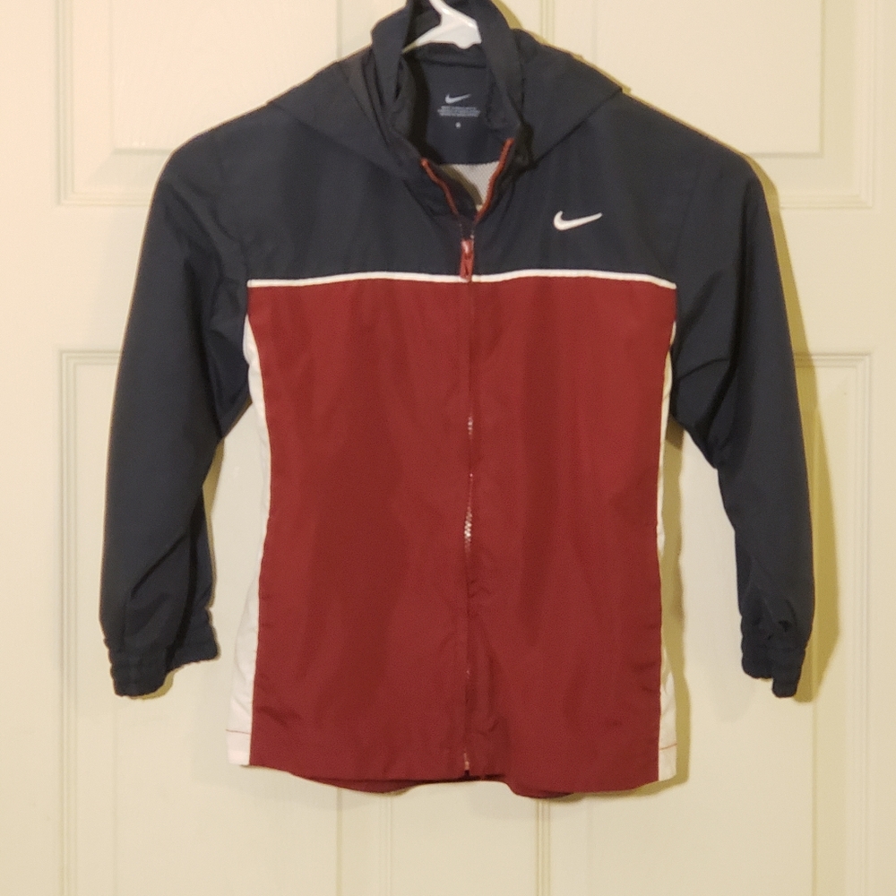 Nike Boys Windbreaker Youth Size 6 Full Zip Long Sleeve Navy Burgundy White Hood